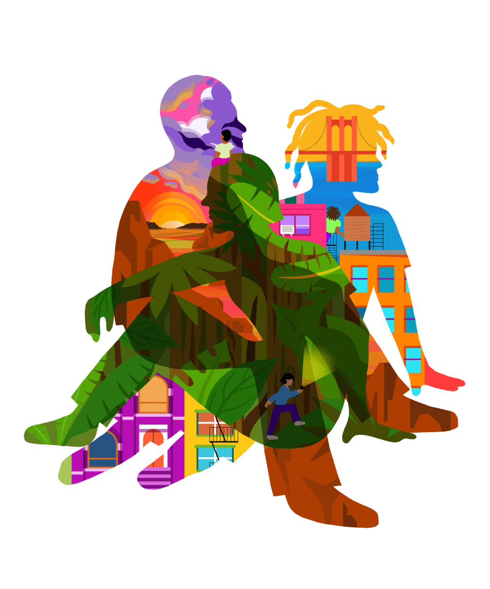 Three silhouettes with landscapes within. Inside each silhouette, a person is exploring the landscape.
